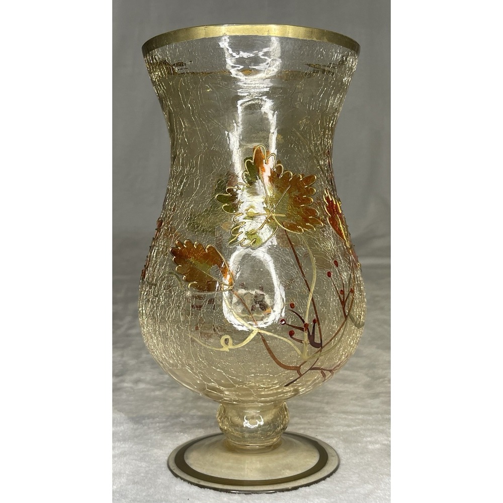 Autumnal Leaves Crackle Glass Vase Gold Trim Leaf Design Autumn Fall Decor 10.5"